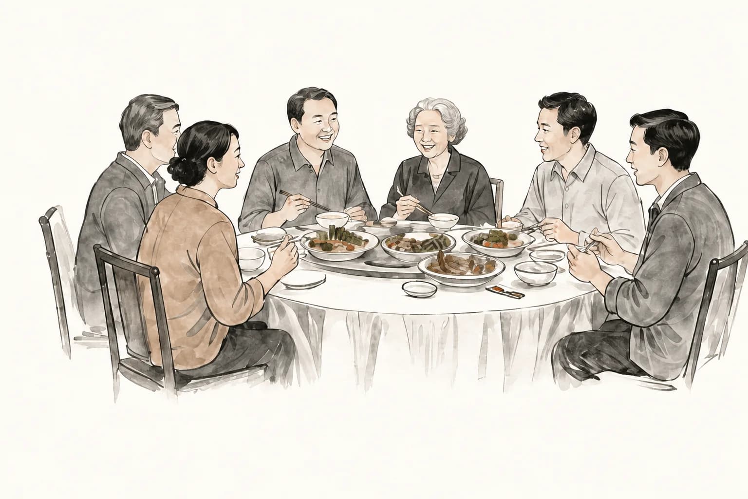 A family and their guest talking over dinner